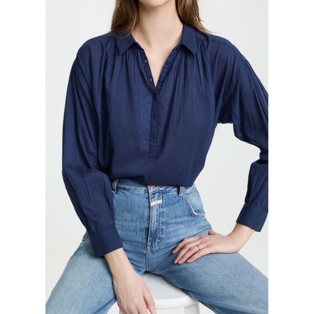 Nili Lotan Miles Tunic Shirt Top Solid Cotton Oversized Blue Collared XS 230543
